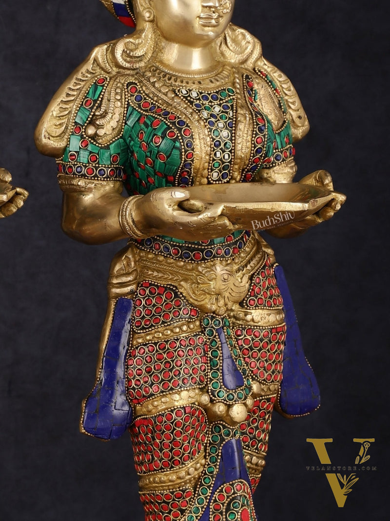Brass Deep Lakshmi Pavaai Villaku with Intricate Stonework, 23" Height