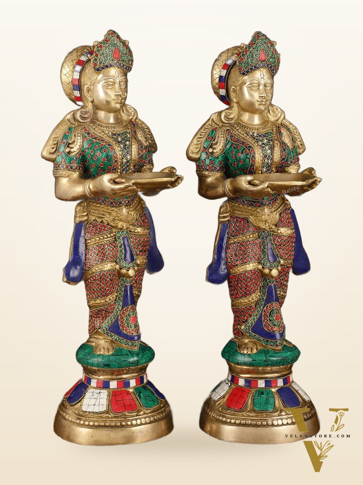 Brass Deep Lakshmi Pavaai Villaku with Intricate Stonework, 23" Height