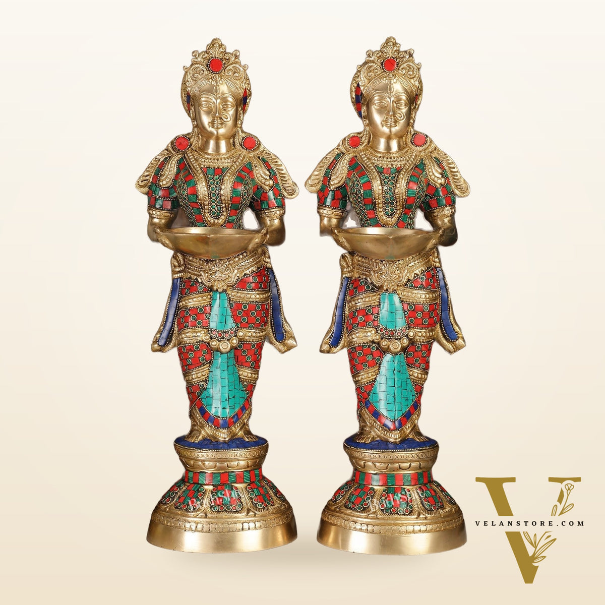 Brass Deep Lakshmi Pavaai Villaku with Stonework - 2 feet 23 inches | Traditional Shine Gold