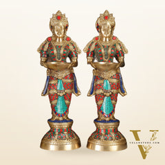 Brass Deep Lakshmi Pavaai Villaku with Stonework - 2 feet 23 inches | Traditional Shine Gold