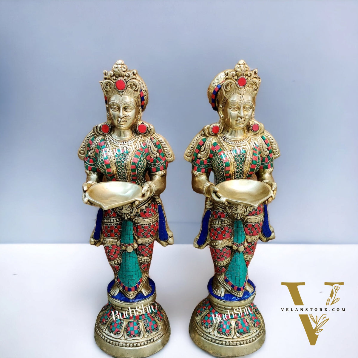 Brass Deep Lakshmi Pavaai Villaku with Stonework - 2 feet 23 inches | Traditional Handcrafted Lamp