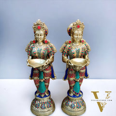 Brass Deep Lakshmi Pavaai Villaku with Stonework - 2 feet 23 inches | Traditional Handcrafted Lamp
