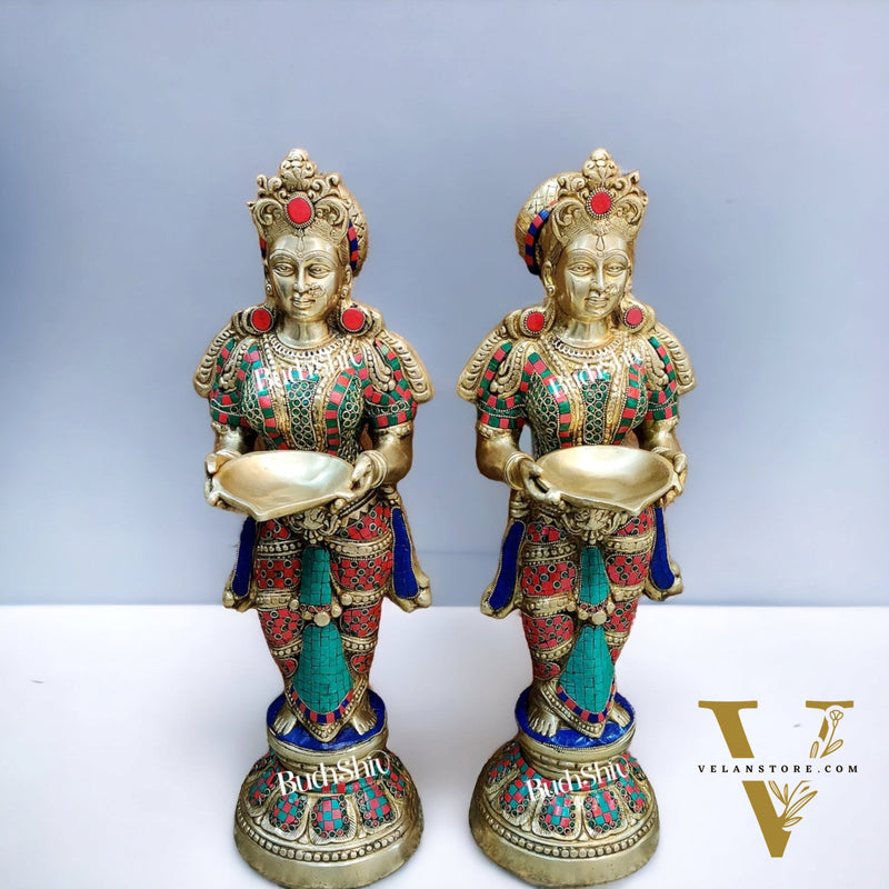 Brass Deep Lakshmi Pavaai Villaku with Stonework - 2 feet 23 inches | Traditional Handcrafted Lamp