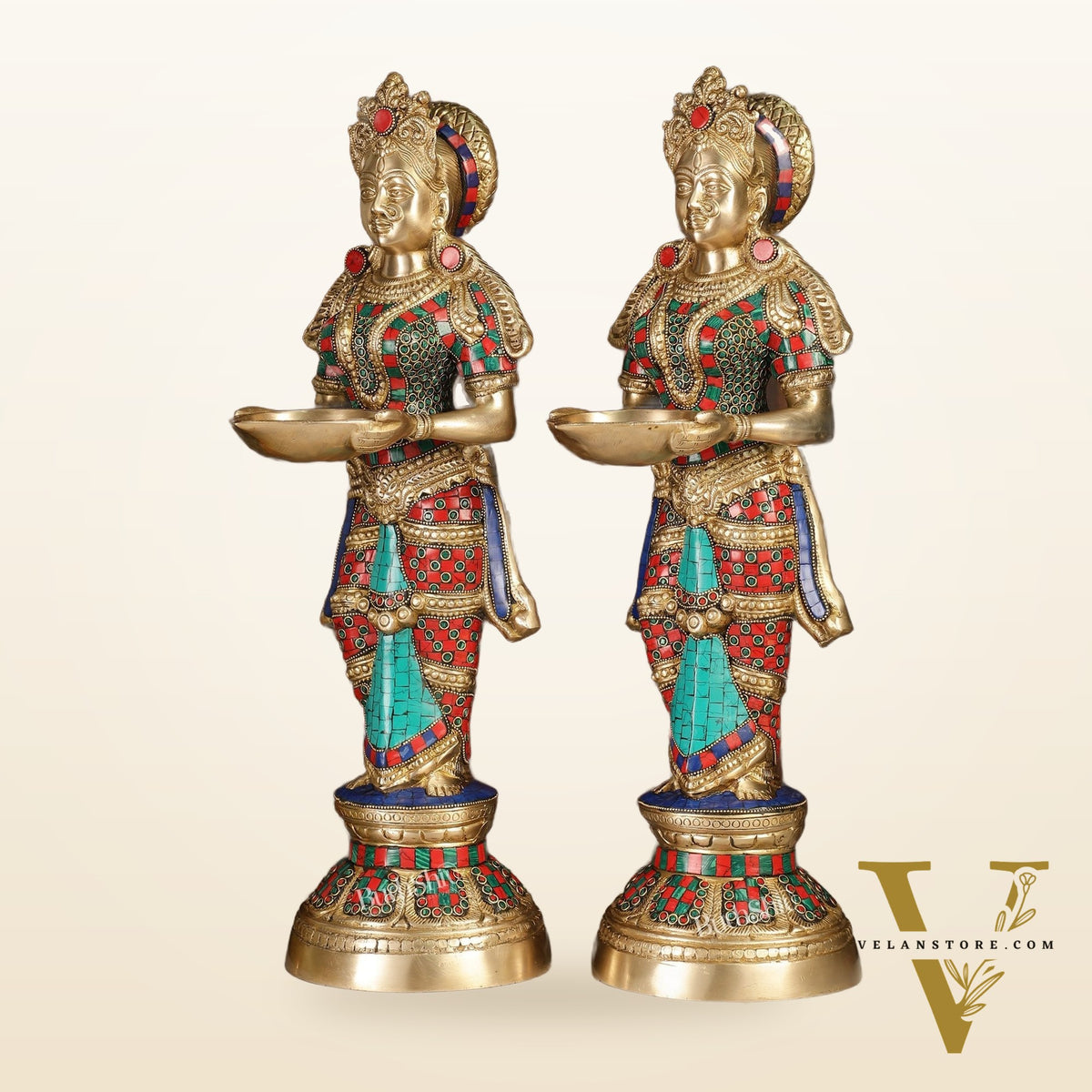 Brass Deep Lakshmi Pavaai Villaku with Stonework - 2 feet 23 inches | Traditional Shine Gold