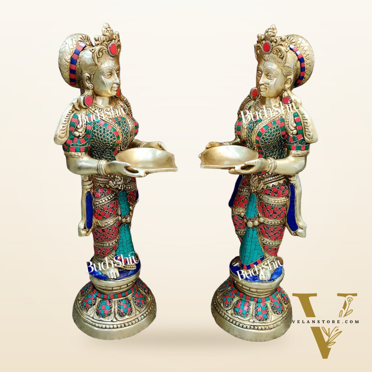 Brass Deep Lakshmi Pavaai Villaku with Stonework - 2 feet 23 inches | Traditional Handcrafted Lamp