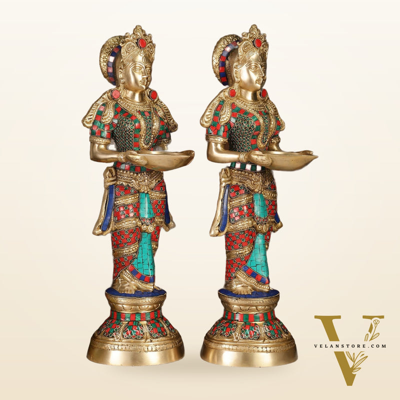 Brass Deep Lakshmi Pavaai Villaku with Stonework - 2 feet 23 inches | Traditional Shine Gold