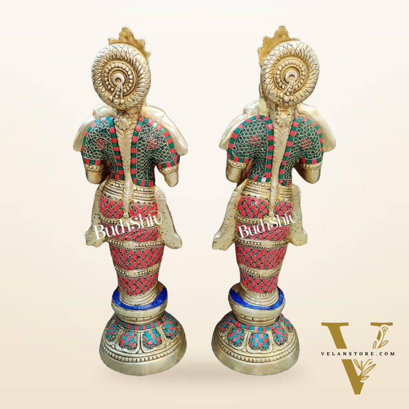 Brass Deep Lakshmi Pavaai Villaku with Stonework - 2 feet 23 inches | Traditional Handcrafted Lamp