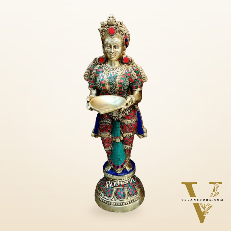 Brass Deep Lakshmi Pavaai Villaku with Stonework - 2 feet 23 inches | Traditional Handcrafted Lamp