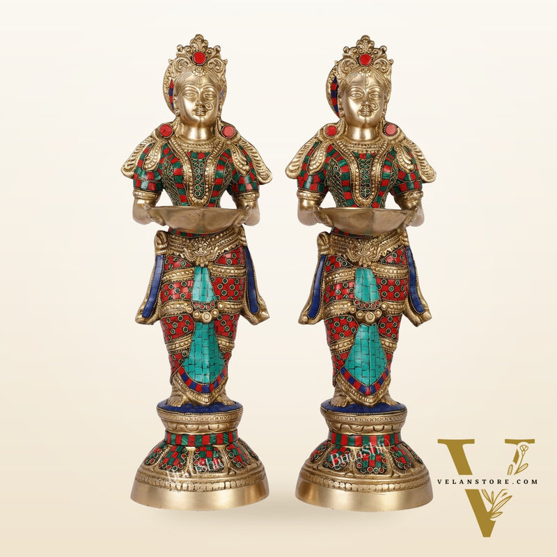 Brass Deep Lakshmi Pavaai Villaku with Stonework - 2 feet 23 inches | Traditional Shine Gold