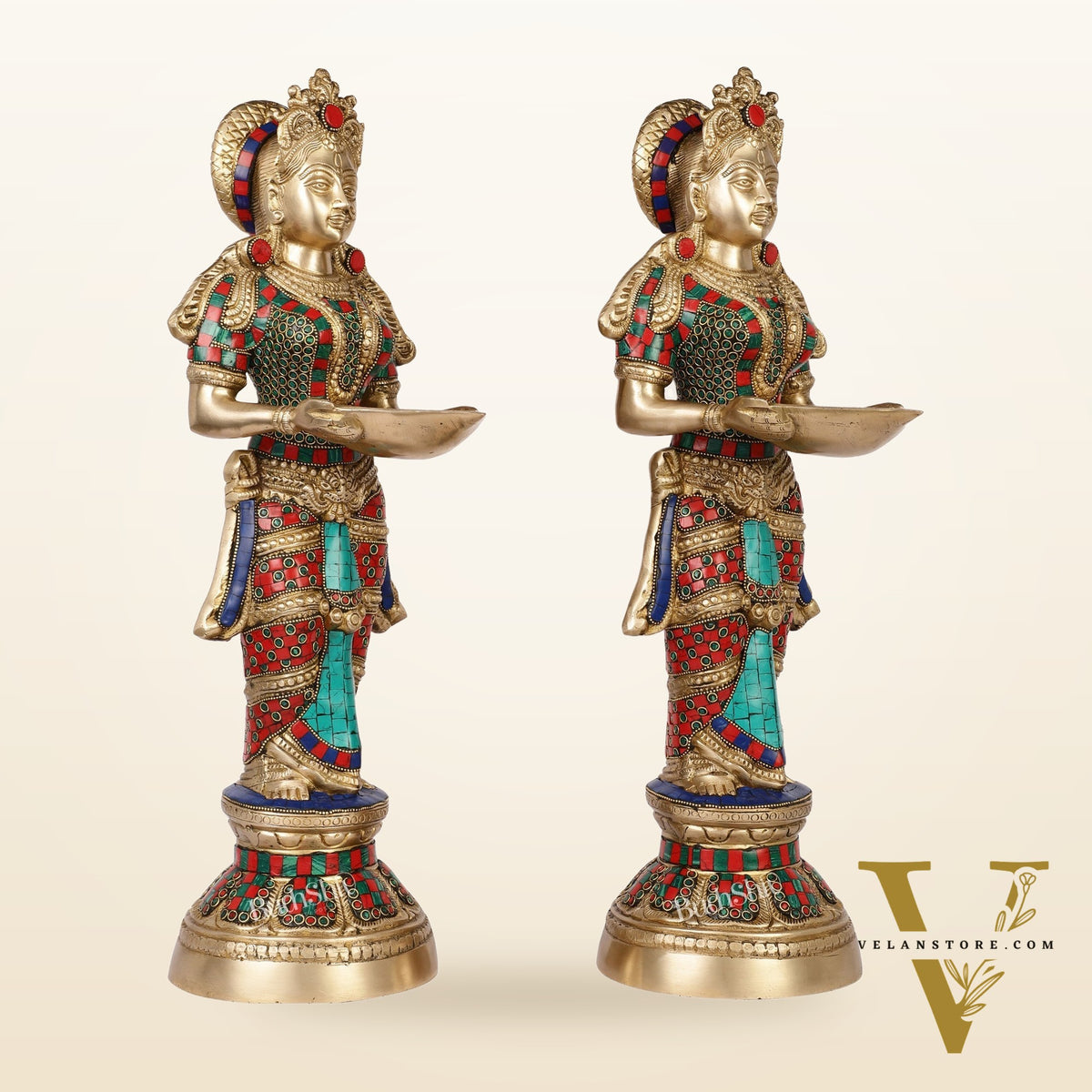 Brass Deep Lakshmi Pavaai Villaku with Stonework - 2 feet 23 inches | Traditional Shine Gold