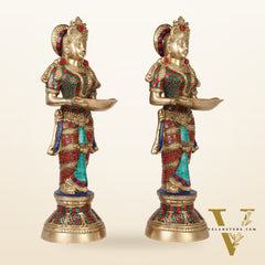 Brass Deep Lakshmi Pavaai Villaku with Stonework - 2 feet 23 inches | Traditional Shine Gold
