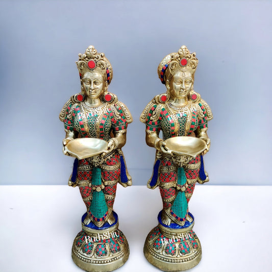 Brass Deep Lakshmi Pavaai Villaku with Stonework - 2 feet 23 inches | Traditional Handcrafted Lamp