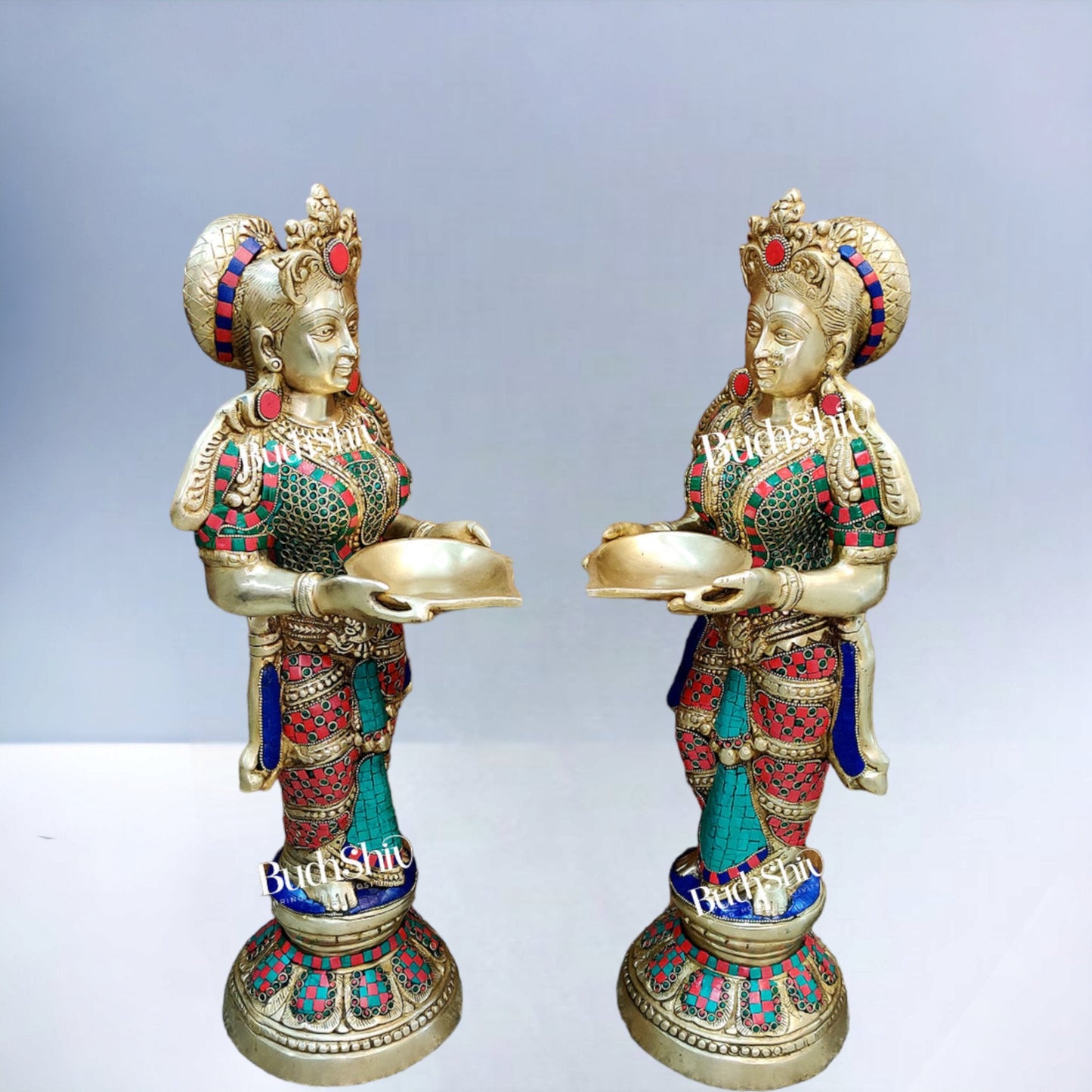 Brass Deep Lakshmi Pavaai Villaku with Stonework - 2 feet 23 inches | Traditional Handcrafted Lamp