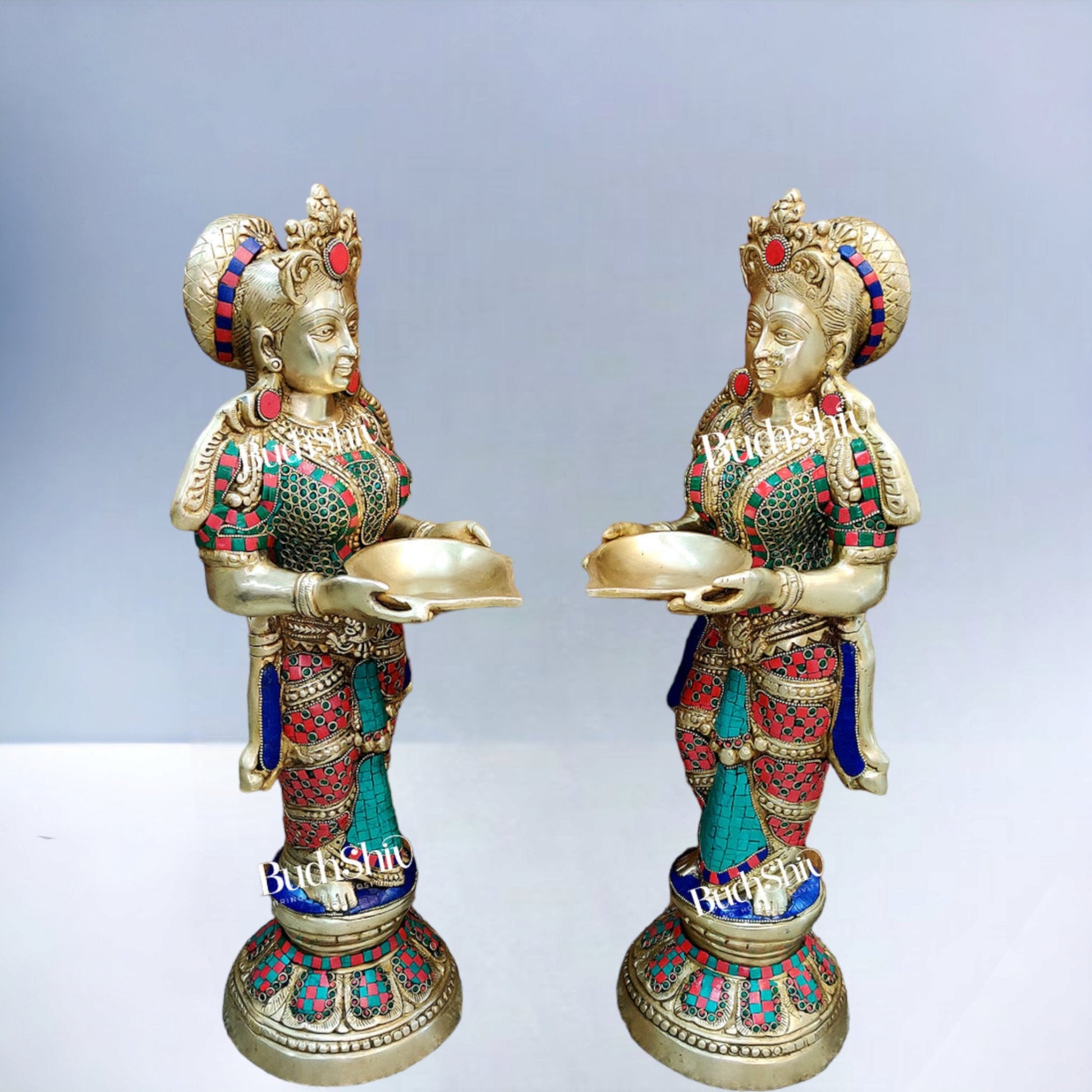 Brass Deep Lakshmi Pavaai Villaku with Stonework - 2 feet 23 inches | Traditional Handcrafted Lamp