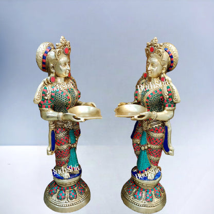 Brass Deep Lakshmi Pavaai Villaku with Stonework - 2 feet 23 inches | Traditional Handcrafted Lamp