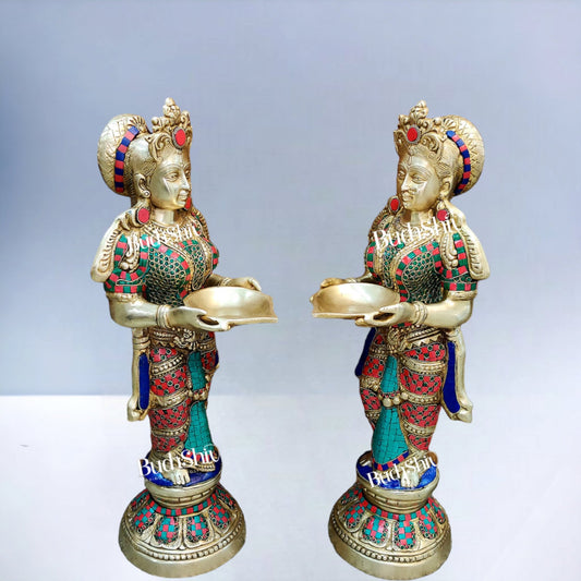 Brass Deep Lakshmi Pavaai Villaku with Stonework - 2 feet 23 inches | Traditional Handcrafted Lamp