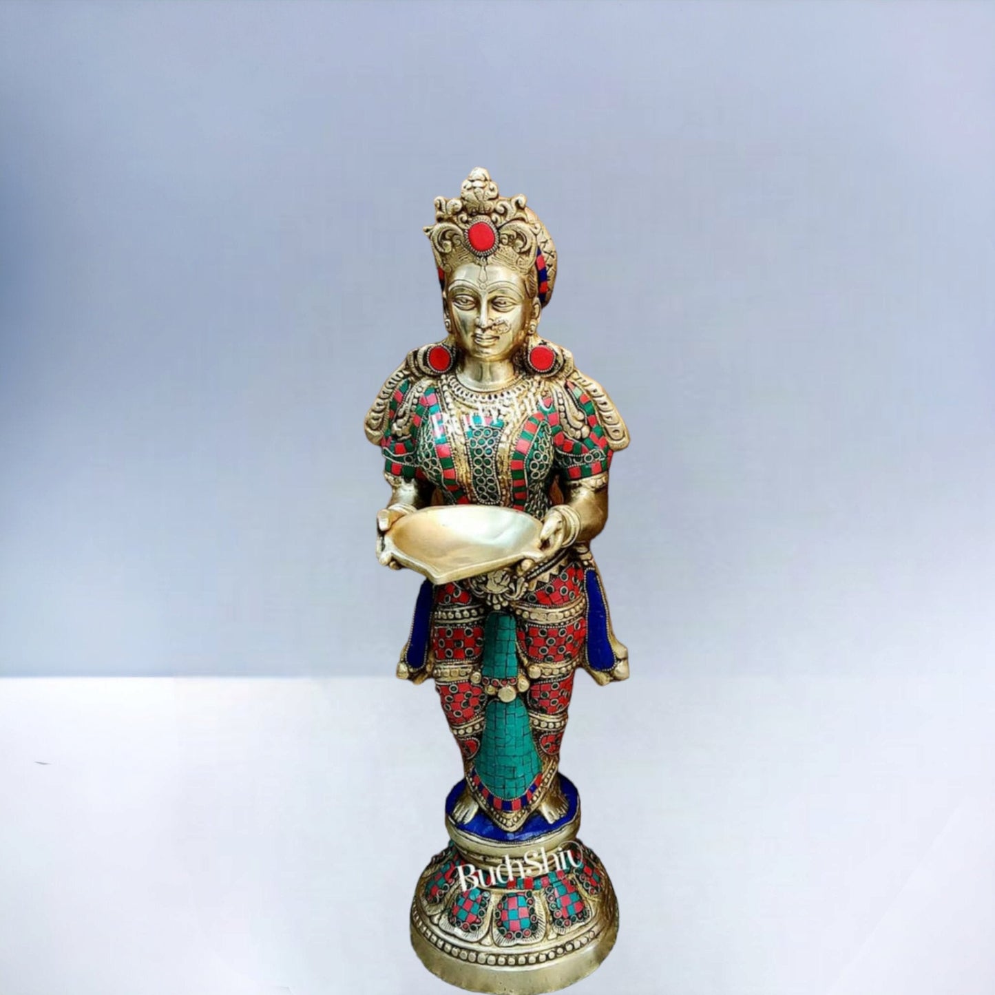 Brass Deep Lakshmi Pavaai Villaku with Stonework - 2 feet 23 inches | Traditional Handcrafted Lamp
