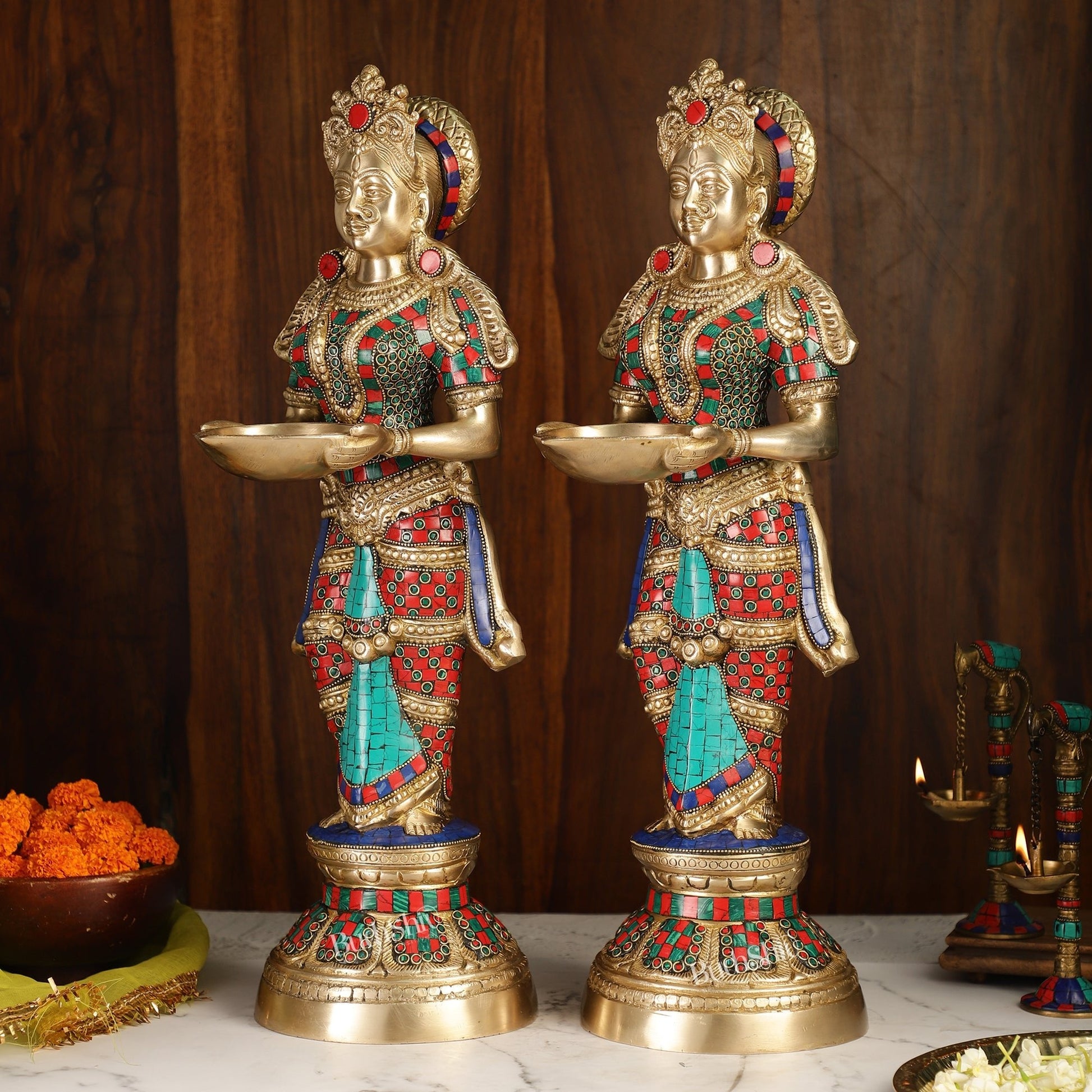 Brass Deep Lakshmi Pavaai Villaku with Stonework - 2 feet 23 inches | Traditional Shine Gold