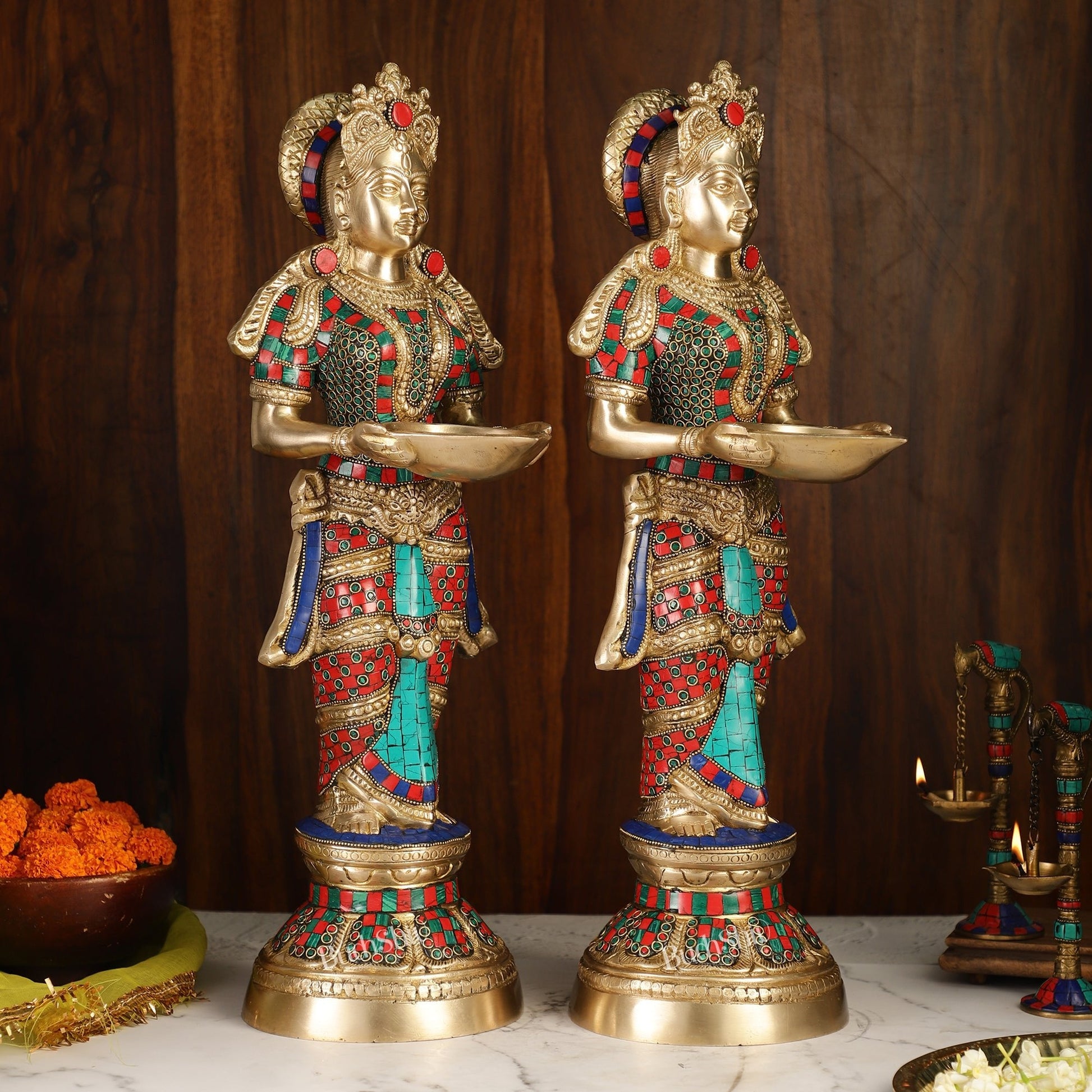 Brass Deep Lakshmi Pavaai Villaku with Stonework - 2 feet 23 inches | Traditional Shine Gold