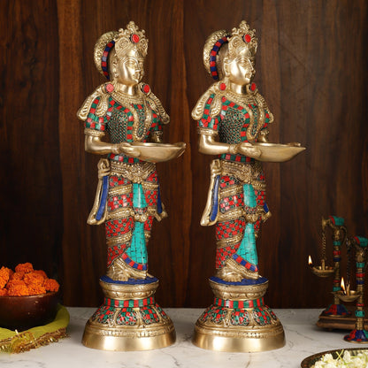 Brass Deep Lakshmi Pavaai Villaku with Stonework - 2 feet 23 inches | Traditional Shine Gold