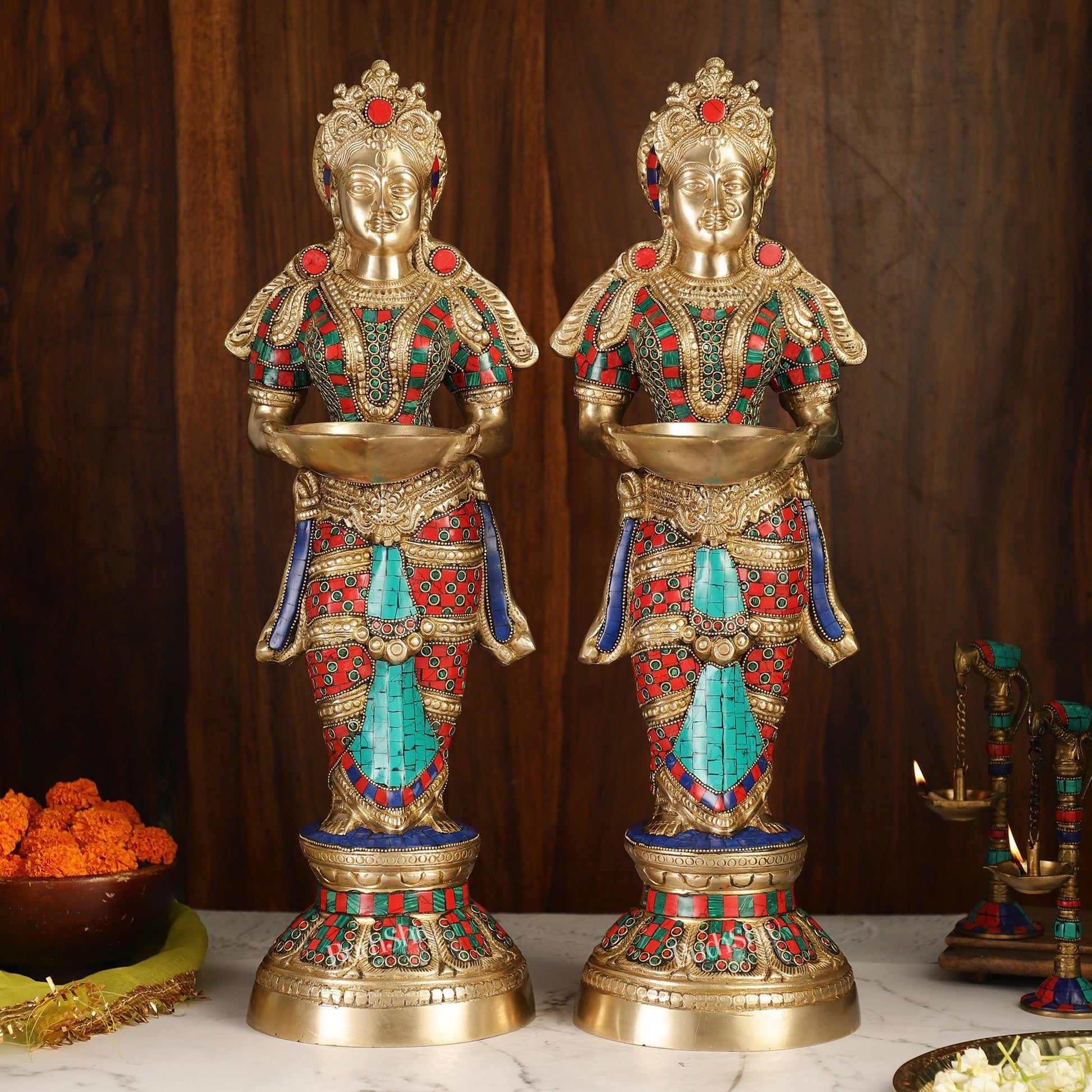 Brass Deep Lakshmi Pavaai Villaku with Stonework - 2 feet 23 inches | Traditional Shine Gold