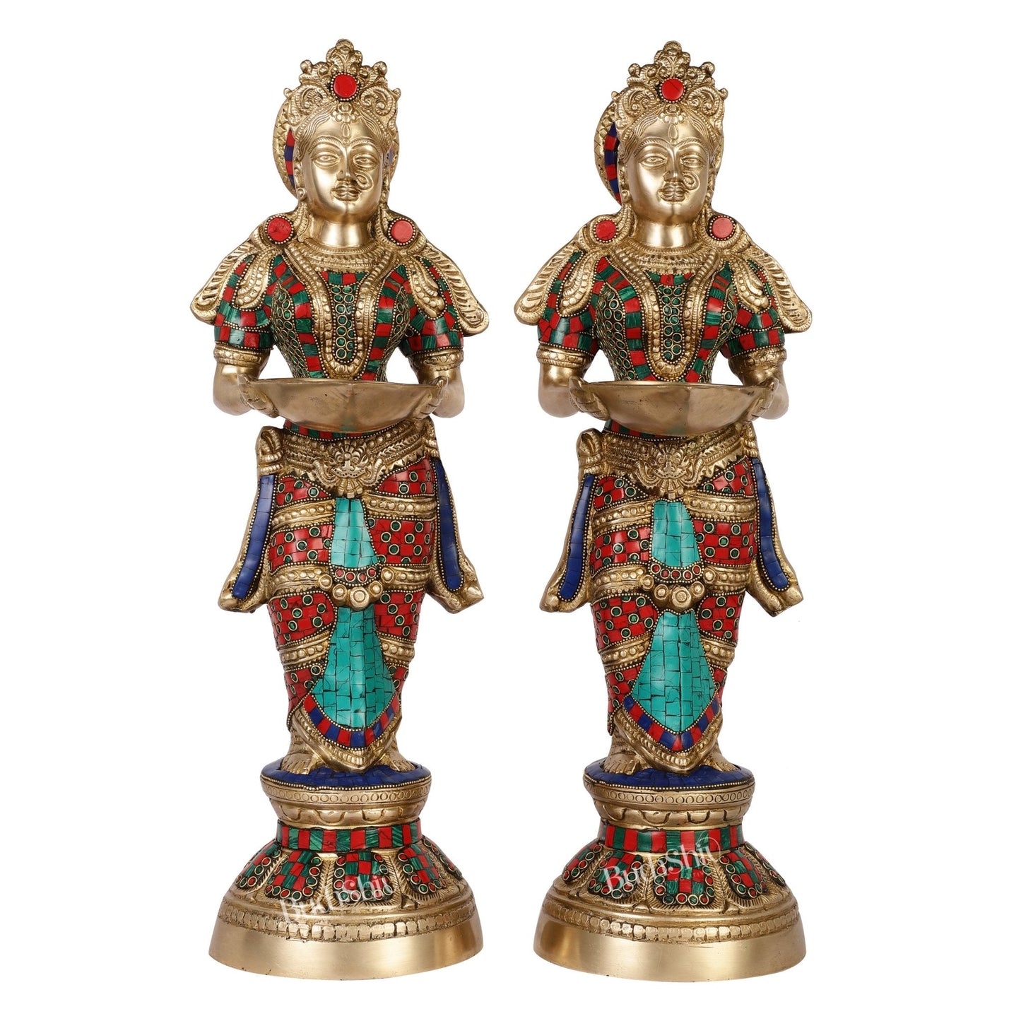 Brass Deep Lakshmi Pavaai Villaku with Stonework - 2 feet 23 inches | Traditional Shine Gold