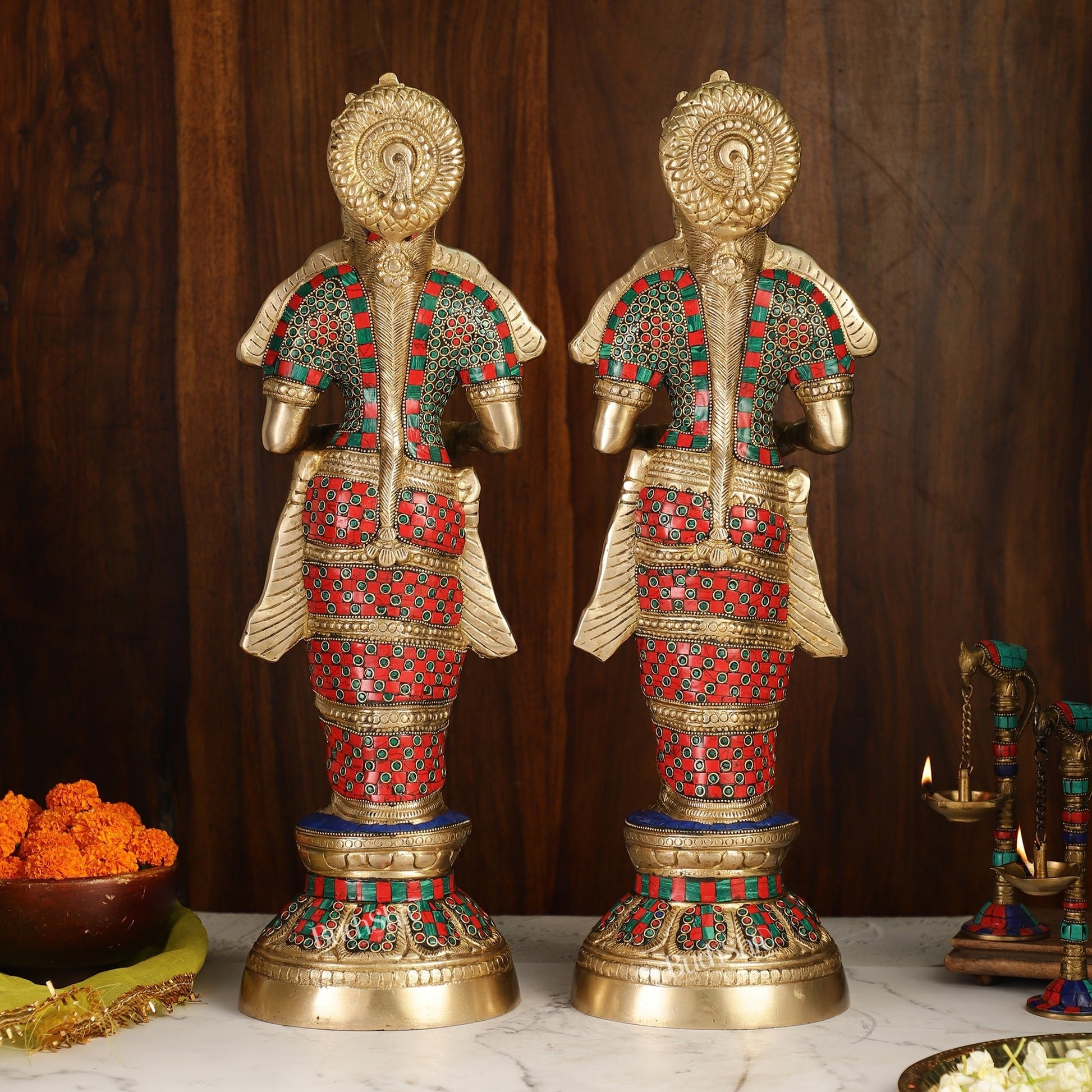 Brass Deep Lakshmi Pavaai Villaku with Stonework - 2 feet 23 inches | Traditional Shine Gold