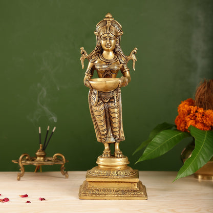 Brass Deep Lakshmi Statue with Diyas | Handcrafted Lady Statue 14"