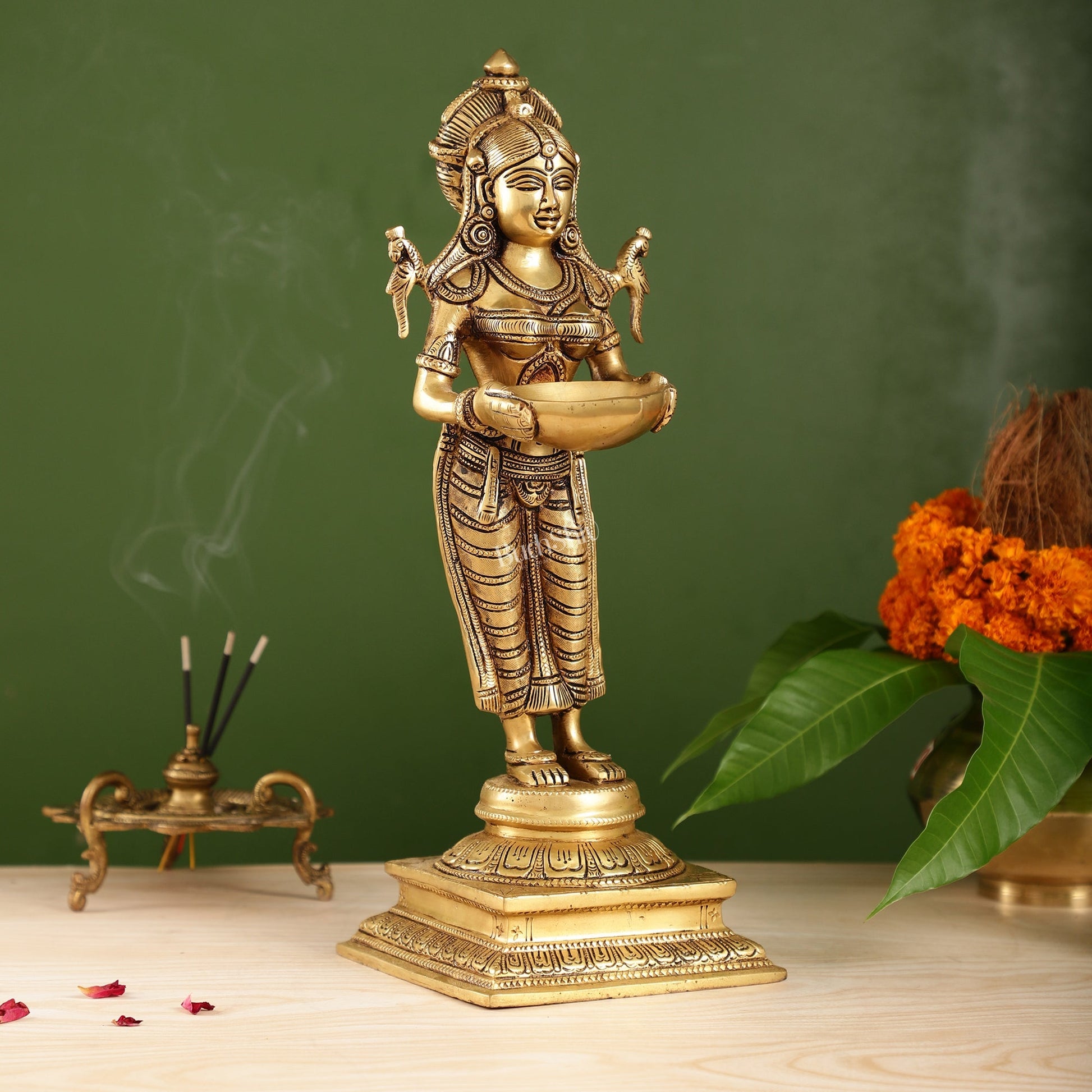 Brass Deep Lakshmi Statue with Diyas | Handcrafted Lady Statue 14"