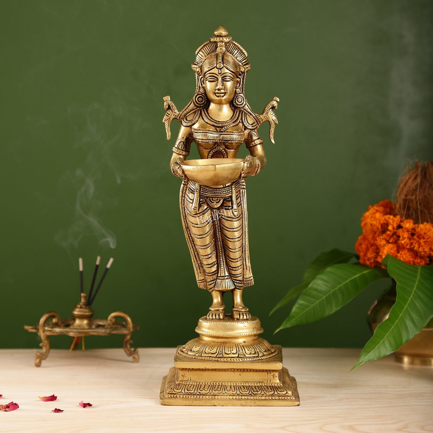 Brass Deep Lakshmi Statue with Diyas | Handcrafted Lady Statue 14"
