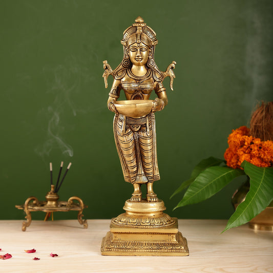 Brass Deep Lakshmi Statue with Diyas | Handcrafted Lady Statue 14"