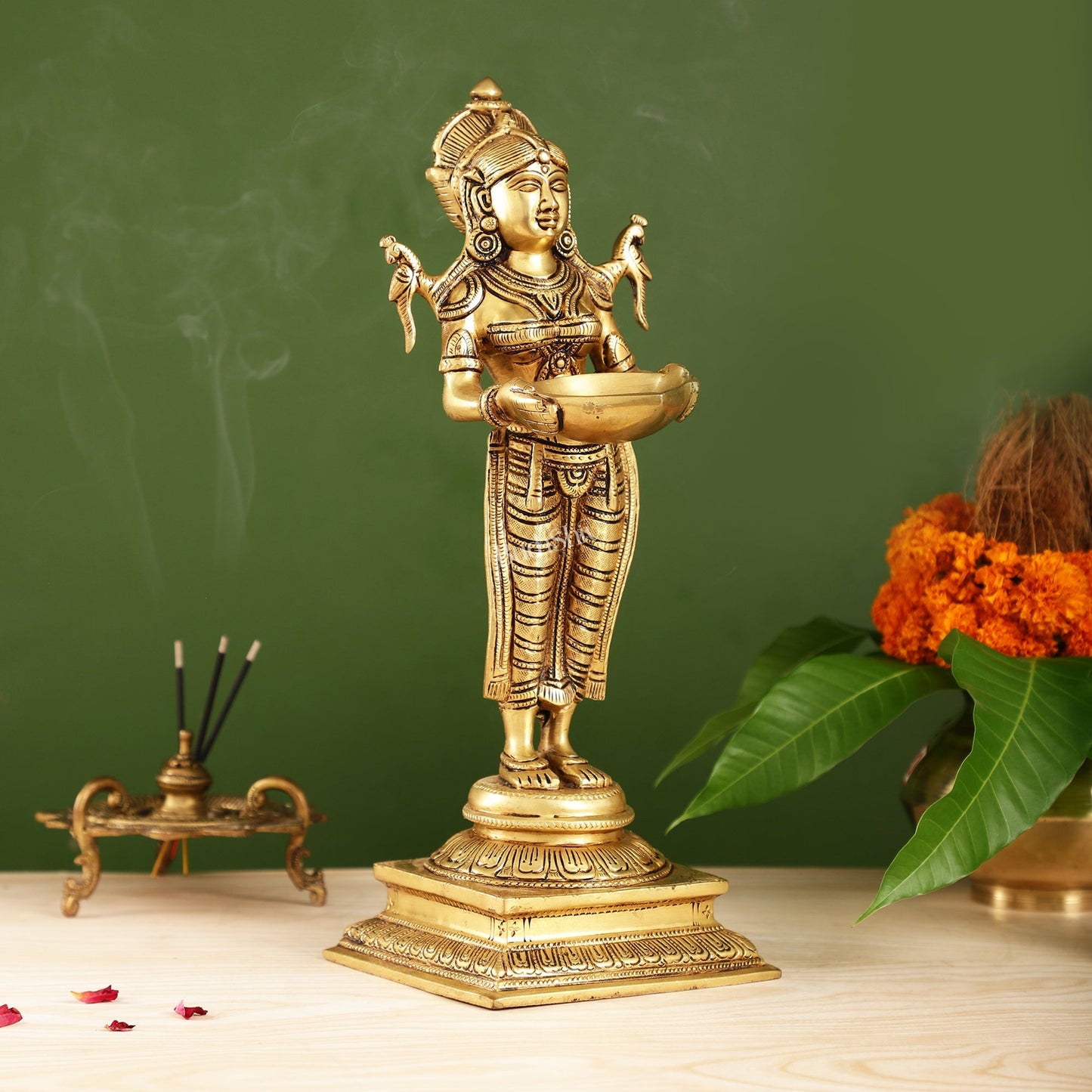 Brass Deep Lakshmi Statue with Diyas | Handcrafted Lady Statue  14"
