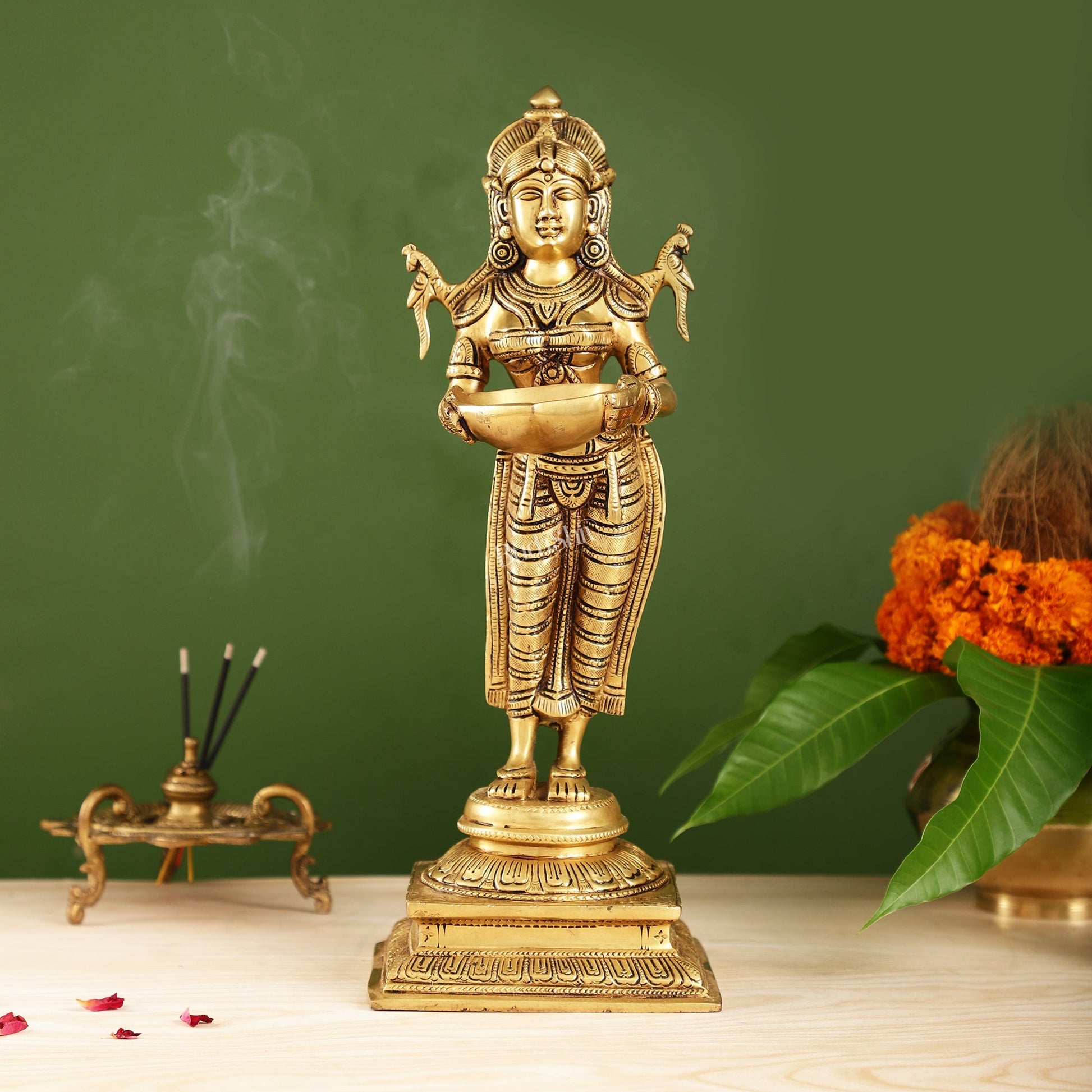 Brass Deep Lakshmi Statue with Diyas | Handcrafted Lady Statue  14"