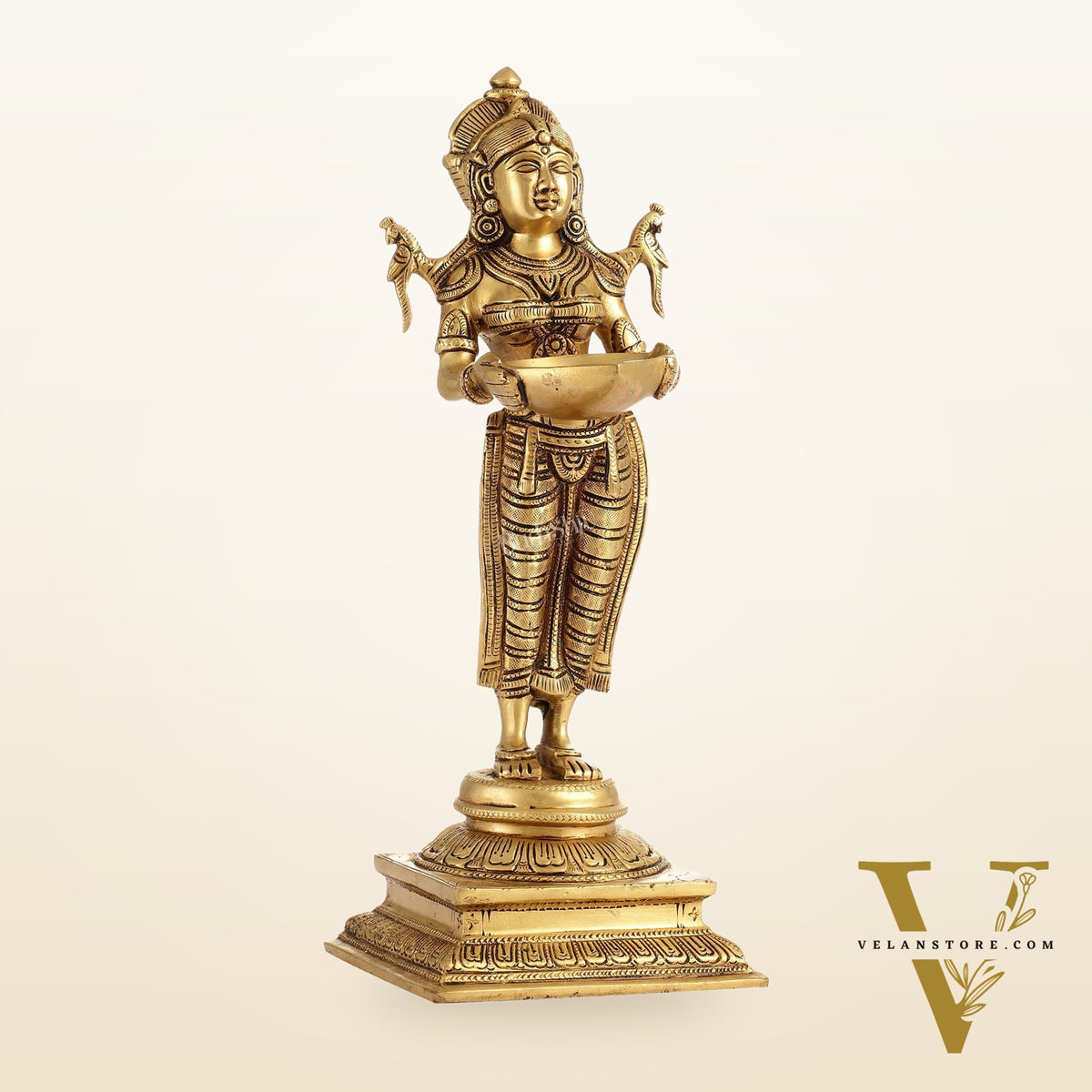 Brass Deep Lakshmi Statue with Diyas | Handcrafted Lady Statue  14"