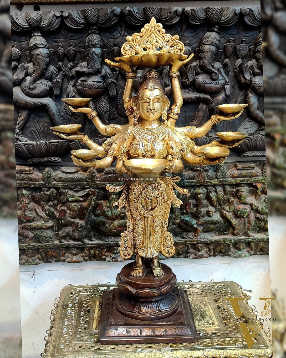 Brass Deep Lakshmi with Ten Hands - 27 inches, Dual Tone Brown and Gold.