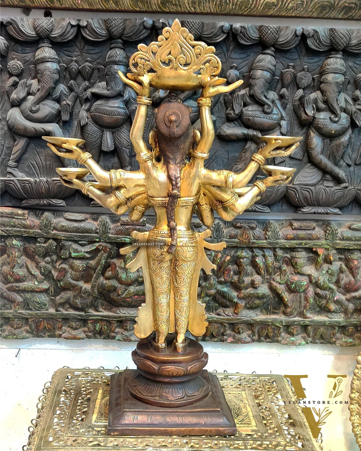 Brass Deep Lakshmi with Ten Hands - 27 inches, Dual Tone Brown and Gold.
