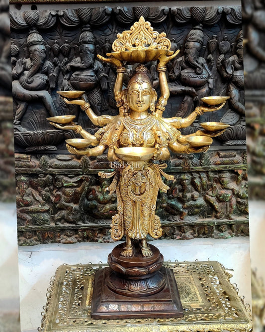 Brass Deep Lakshmi with Ten Hands - 27 inches, Dual Tone Brown and Gold.
