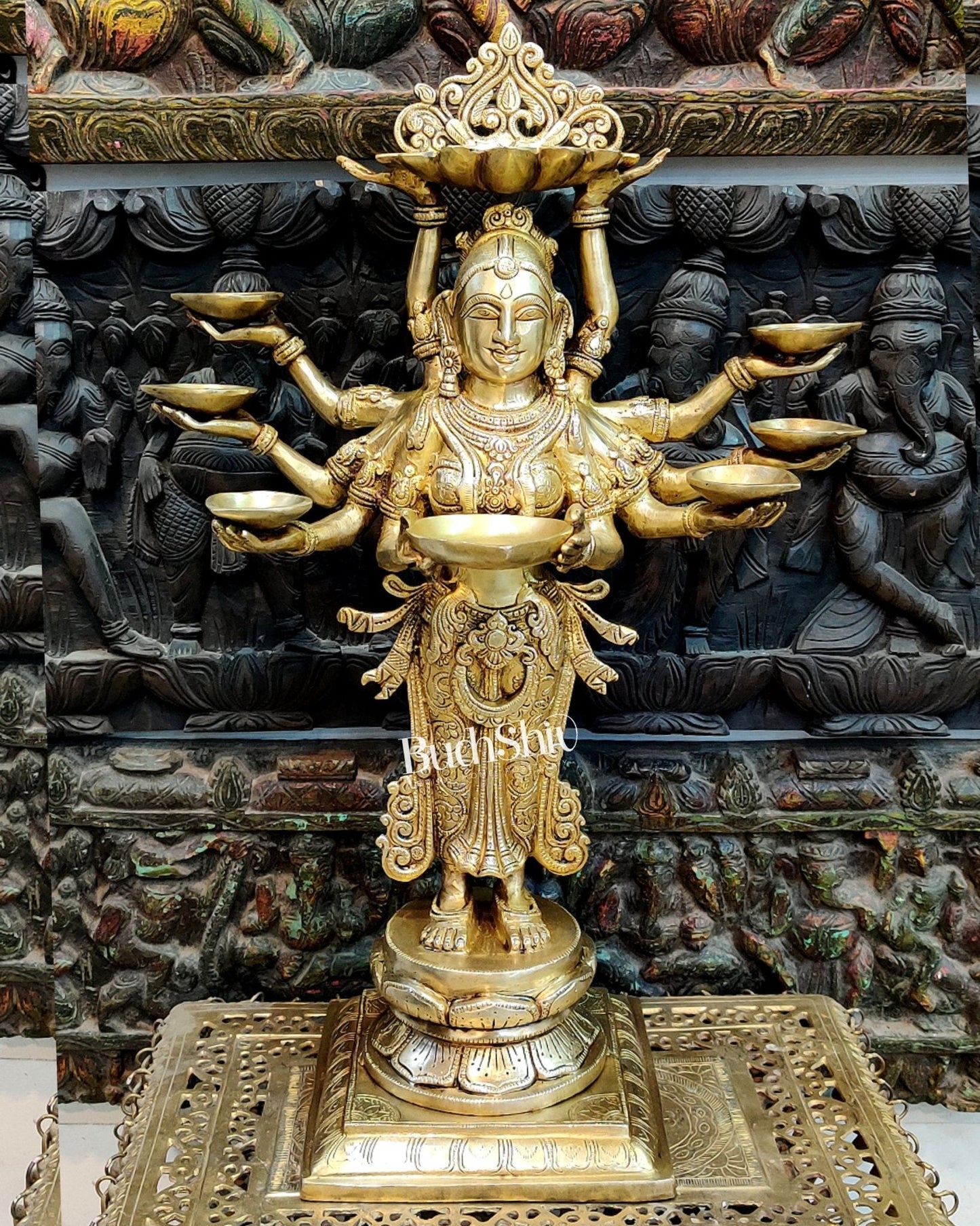 Brass Deep Lakshmi with Ten Hands - 27 inches