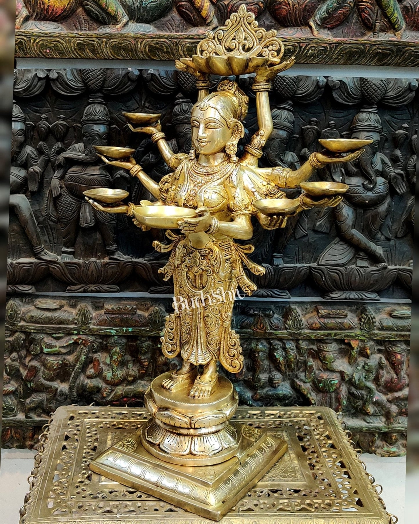 Brass Deep Lakshmi with Ten Hands - 27 inches