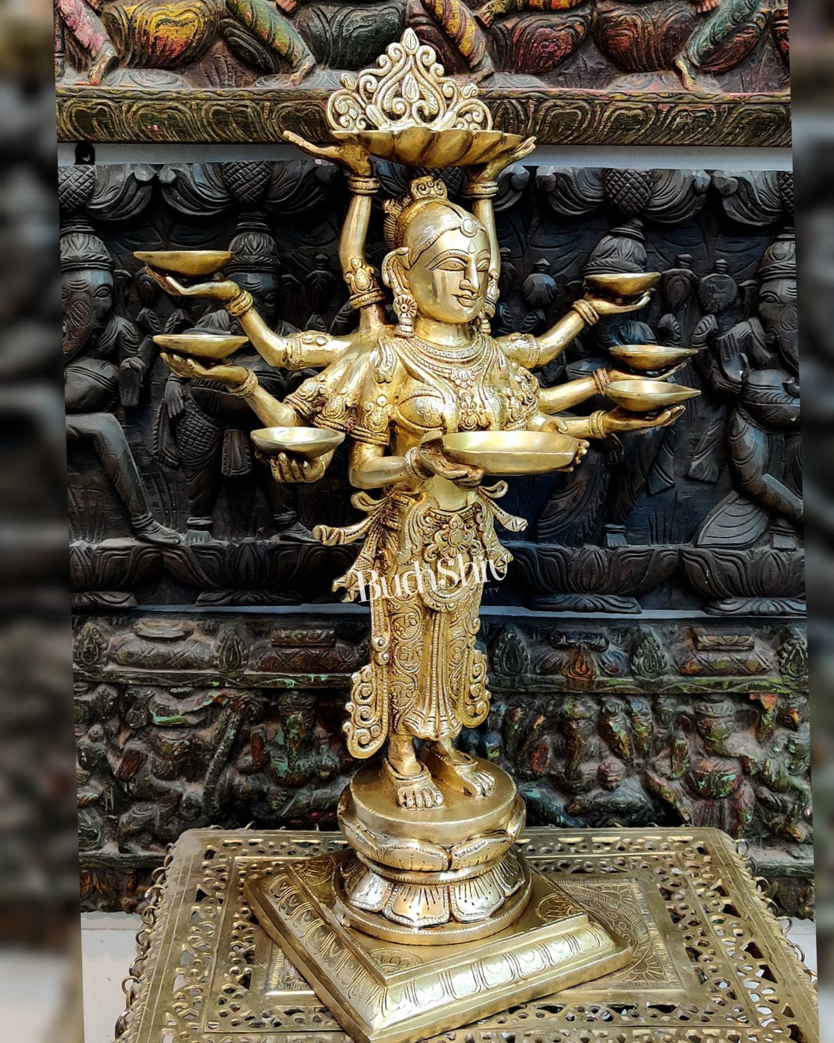 Brass Deep Lakshmi with Ten Hands - 27 inches