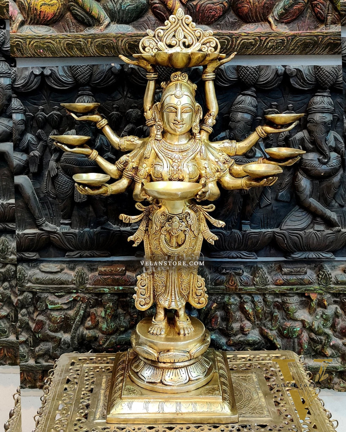 Brass Deep Lakshmi with Ten Hands - 27 inches