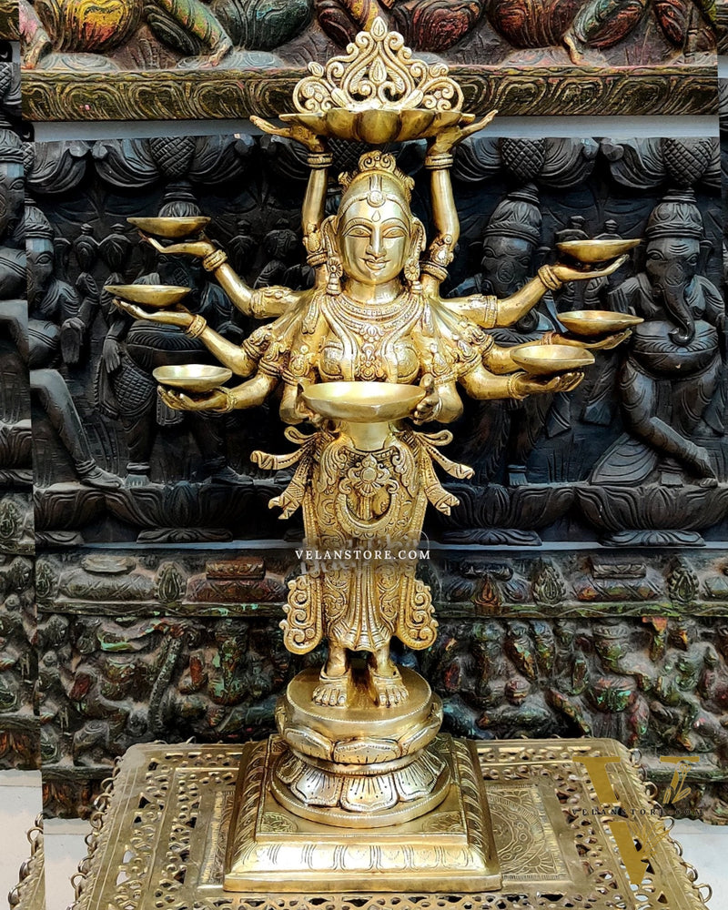 Brass Deep Lakshmi with Ten Hands - 27 inches