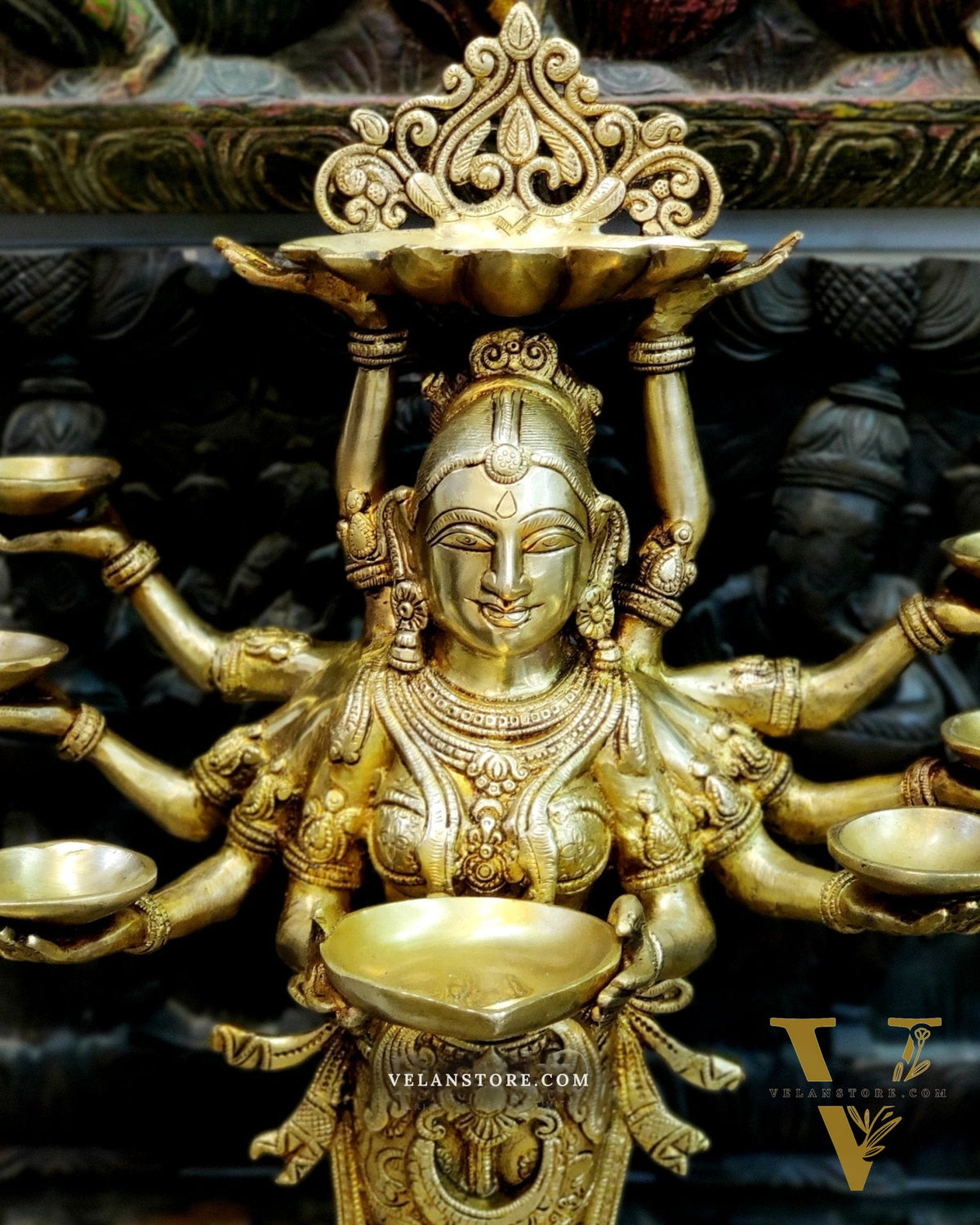 Brass Deep Lakshmi with Ten Hands - 27 inches
