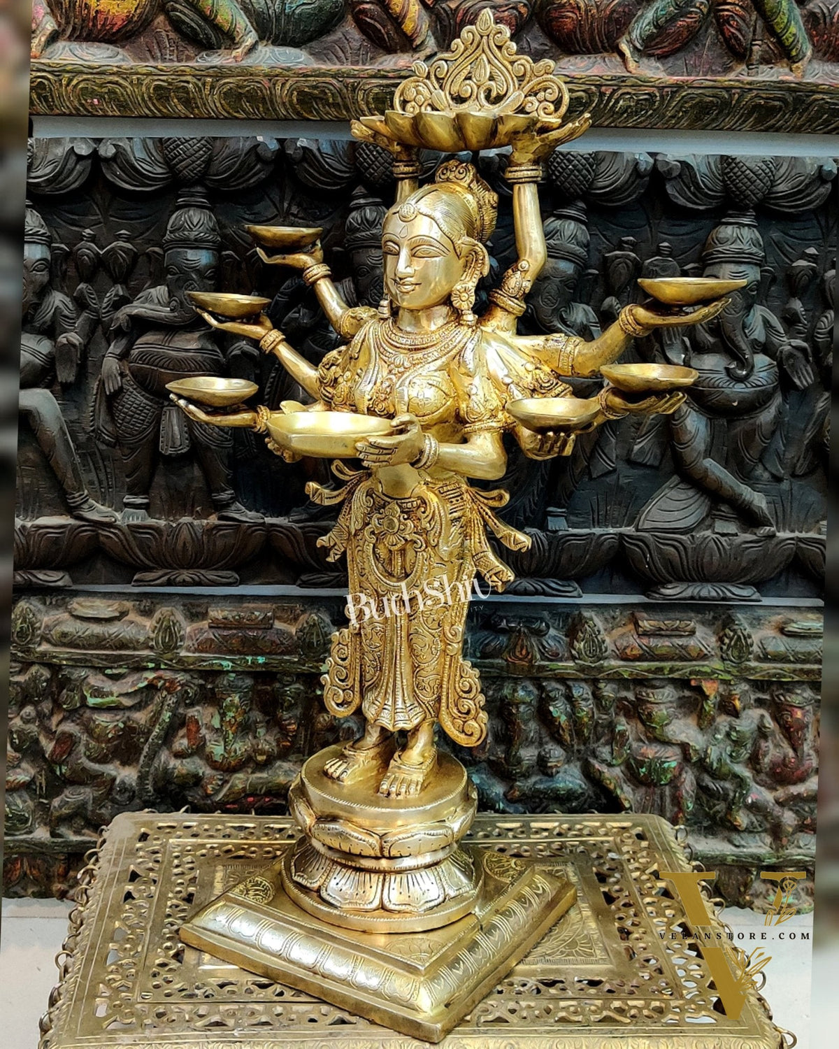 Brass Deep Lakshmi with Ten Hands - 27 inches