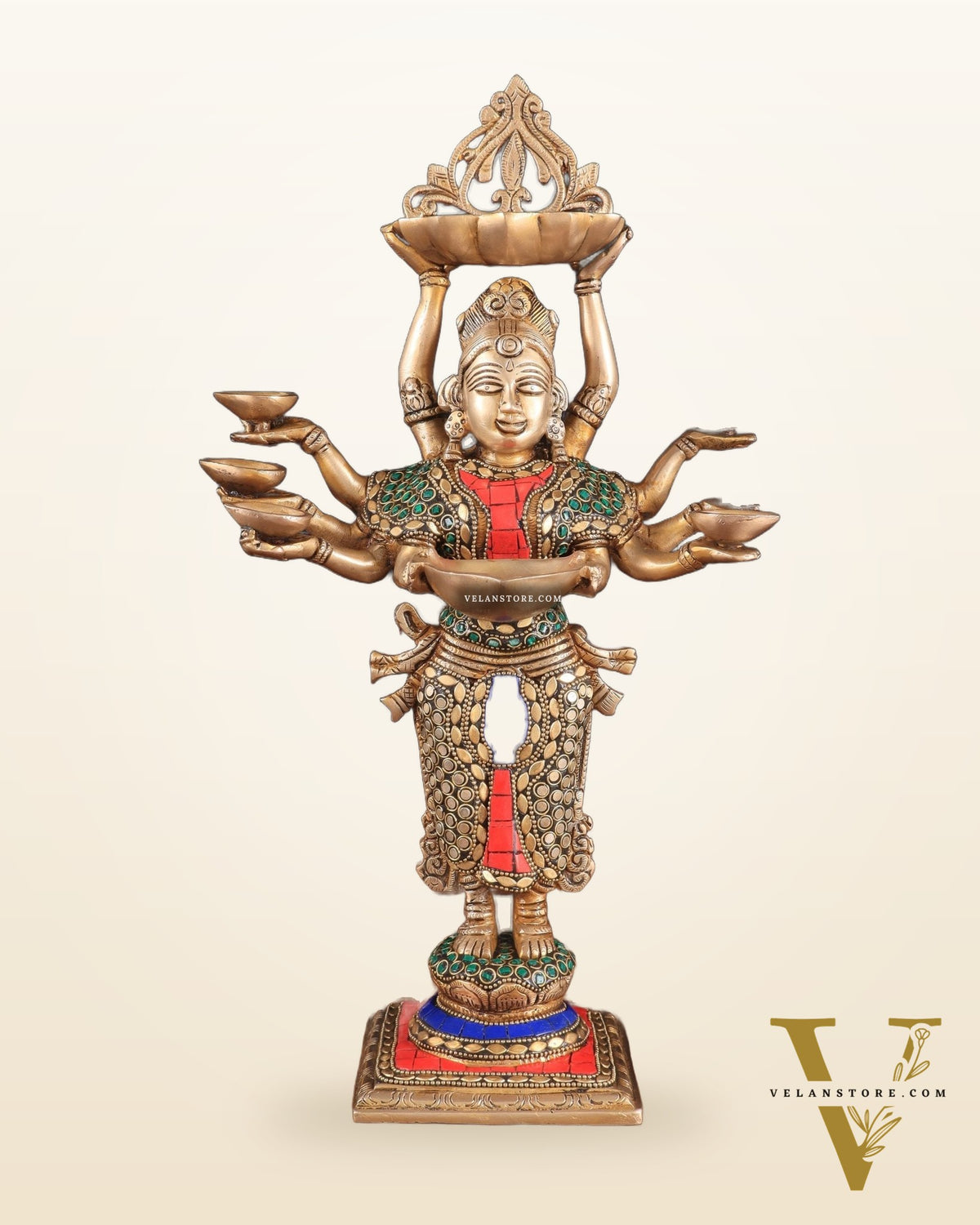 Brass Deep Lakshmi with Ten Hands Idol 15" stonework