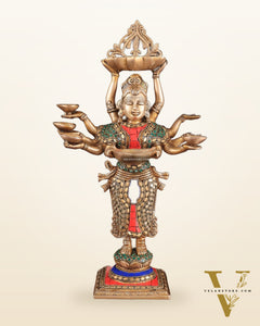Brass Deep Lakshmi with Ten Hands Idol 15" stonework