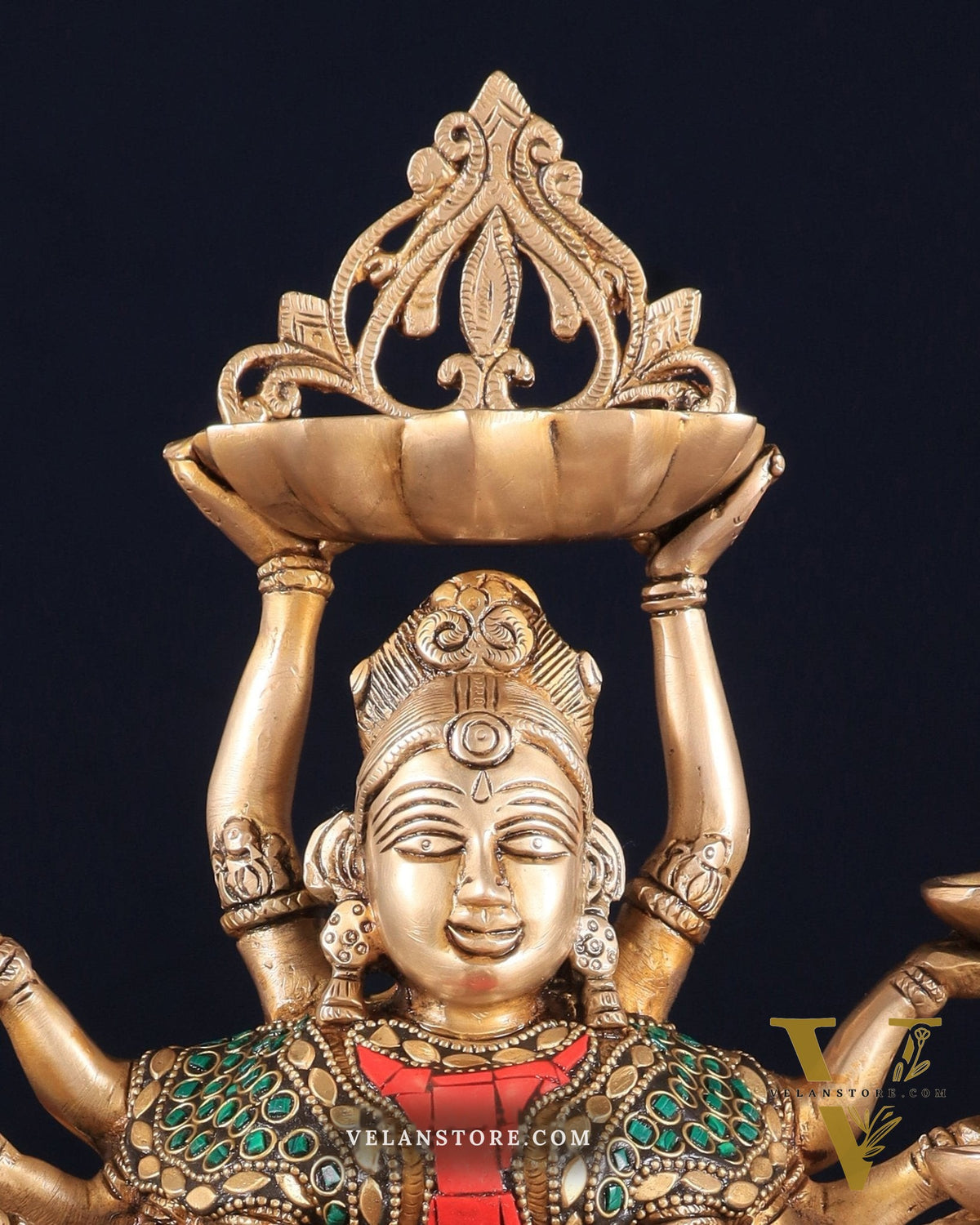 Brass Deep Lakshmi with Ten Hands Idol 15" stonework