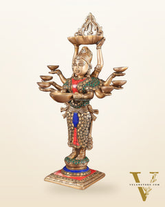 Brass Deep Lakshmi with Ten Hands Idol 15" stonework