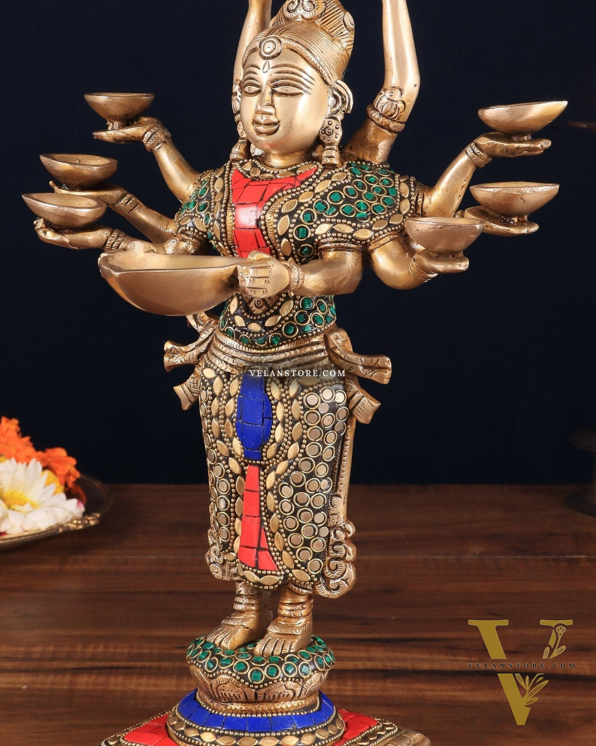 Brass Deep Lakshmi with Ten Hands Idol 15" stonework
