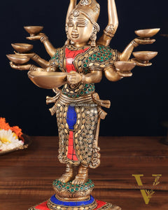 Brass Deep Lakshmi with Ten Hands Idol 15" stonework